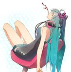  amamiya_ten'ya aqua_eyes aqua_hair bad_id bad_pixiv_id branch chair hatsune_miku headphones highres knees_up legs long_hair mouth_hold sitting solo thighs twintails very_long_hair vocaloid 