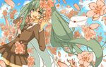  aqua_hair blue_eyes cherry_blossoms hatsune_miku headphones headset long_hair necktie school_uniform skirt smile solo thighhighs twintails uomiya_naname very_long_hair vocaloid zettai_ryouiki 