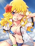  ;) american_flag_bikini arm_up arumaji_(kiss_kill_lila) baseball_cap between_legs bikini blonde_hair blue_eyes breasts cleavage cloud day flag_print flower grin hair_flower hair_ornament hand_between_legs hat hibiscus highres idolmaster idolmaster_cinderella_girls long_hair looking_at_viewer medium_breasts mouth_hold navel ocean one_eye_closed ootsuki_yui shorts sky smile solo swimsuit water wet 