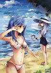  ahoge altoris_(scee) aqua_hair barefoot beach bikini bili_girl_22 bili_girl_33 bilibili_douga blue_hair cloud day face front-tie_top hair_ornament hands hat kiraboshi_(star_driver) leaf long_hair multiple_girls ocean one-piece_swimsuit outdoors outstretched_hand red_eyes school_swimsuit shore side-tie_bikini sky star_driver straw_hat swimsuit television v v_over_eye white_swimsuit 