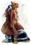  bottle coat eyeshadow fujimoto_(ponyo) gake_no_ue_no_ponyo long_hair makeup male_focus messy_hair overcoat red_hair simple_background slime solo striped yoshimura_hitomi 