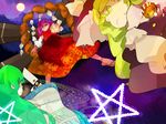  bad_deviantart_id bad_id battle blonde_hair danmaku gohei green_hair kirisame_marisa kochiya_sanae mini-hakkero moon mountain_of_faith multiple_girls night onbashira pentagram purple_hair rope shimenawa spacepirate-lu touhou yasaka_kanako yellow_eyes 