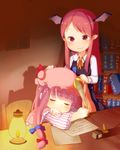  bat_wings book bookshelf chibi closed_eyes covering_with_blanket crescent hat head_wings highres koakuma lantern long_hair muku_(muku-coffee) multiple_girls patchouli_knowledge purple_hair quill red_eyes red_hair sleeping smile touhou wings 