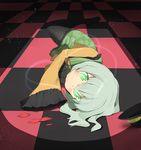  bad_id bad_pixiv_id black_legwear checkered checkered_floor expressionless glowing glowing_eyes green_eyes green_hair hat hat_removed headwear_removed komeiji_koishi lying monesuko on_side pantyhose petals sleeves_past_wrists solo touhou 