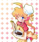  ;q ahiru ahoge apron bad_id bad_pixiv_id baking bare_arms blue_eyes bow bowl braid chef_hat chocolate eloosia freckles hat jewelry long_hair necklace one_eye_closed orange_hair ponytail princess_tutu ribbon smile solo tongue tongue_out 
