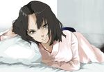  bed black_hair grey_eyes hand_in_hair japanese_clothes kara_no_kyoukai kimono pillow ryougi_shiki siroiyuki solo 