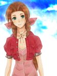  aerith_gainsborough bad_id bad_pixiv_id bow braid brown_hair choker cropped_jacket dress final_fantasy final_fantasy_vii green_eyes gurumi_mami hair_ribbon long_hair pink_bow pink_dress ponytail ribbon single_braid solo 