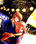  1girl aerial_fireworks blonde_hair blue_kimono brown_hair closed_eyes dutch_angle festival fireworks gun highres japanese_clothes kamikita_komari kimono little_busters! natsume_kyousuke pink_kimono red_eyes remotaro rifle short_hair weapon yukata 