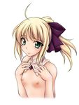 ahoge artoria_pendragon_(all) blonde_hair bow detached_collar face fate/stay_night fate/unlimited_codes fate_(series) flat_chest green_eyes hair_bow lips long_hair nipples nude onizuka_takuto ponytail saber saber_lily solo upper_body 