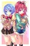  apple bad_id bad_pixiv_id blue_eyes blue_hair food fruit holding holding_food holding_fruit kosuzume long_hair mahou_shoujo_madoka_magica miki_sayaka mitakihara_school_uniform multiple_girls ponytail red_eyes red_hair sakura_kyouko school_uniform short_hair 