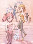  akemi_homura alternate_costume animal_ears ass bunny_ears bunnysuit high_heels kaname_madoka kyubey mahou_shoujo_madoka_magica md5_mismatch miki_sayaka multiple_girls pantyhose sakura_kyouko shoes stairs tomoe_mami tray yoshikawa_kazunori 