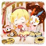  blonde_hair blush boots box cake charlotte_(madoka_magica) chibi closed_eyes cupcake drill_hair food gift hat heart heart-shaped_box holding holding_gift knee_boots long_hair mahou_shoujo_madoka_magica skirt thighhighs tomoe_mami tottsuan twin_drills twintails valentine witch's_labyrinth 