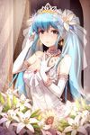  blue_hair breasts dress elbow_gloves flower gilse gloves large_breasts lily_(flower) long_hair lowres luthica_preventer red_eyes solo sparkle sword_girls tiara twintails veil wedding_dress 