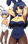  animal_ears asakura_ryouko blue_eyes blue_hair blush breast_envy breasts brown_eyes bunny_ears bunny_girl bunny_tail bunnysuit cameltoe cleavage grey_hair large_breasts long_hair multiple_girls nagato_yuki pantyhose plump short_hair suzumiya_haruhi_no_yuuutsu tail tokyo_(great_akuta) 