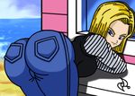  1girl android android_18 ass blonde_hair blue_eyes dragon_ball dragonball female huge_ass jeans solo striped striped_shirt window 