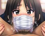  1girl akiyama_mio black_hair blue_eyes blush cum fellatio fellatio_under_mask hetero k-on! lens_flare long_hair male_pubic_hair mask md5_mismatch oral penis pii_(taromura) pov pubic_hair solo_focus surgical_mask sweat 