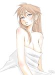  areolae bare_shoulders blue_eyes blush breasts isami large_breasts long_hair naked_sheet neon_genesis_evangelion partially_colored solo souryuu_asuka_langley 