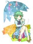  bad_id bad_pixiv_id bare_legs geta green_eyes green_hair heterochromia itomugi-kun karakasa_obake rain red_eyes short_hair skirt smile solo tatara_kogasa touhou umbrella water_drop 