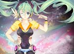  alternate_costume dalzzam fingerless_gloves floating_hair glasses gloves green_eyes green_hair hatsune_miku hatsune_miku_(append) highres long_hair nail_polish one_eye_closed solo twintails very_long_hair vocaloid vocaloid_append wristband 