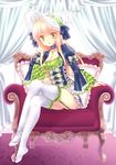  breasts chair choker cleavage crossed_legs curtains dress frills full_body garter_straps hat lace legs long_hair looking_at_viewer medium_breasts miyu_(botan) no_shoes open_mouth original ribbon sitting solo thighhighs white_legwear yellow_eyes 