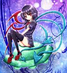  black_dress black_hair black_legwear dress harukaruha highres houjuu_nue night night_sky red_eyes red_footwear shoes short_hair sitting sky solo thighhighs touhou ufo zettai_ryouiki 