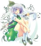  blue_eyes blush bow dress ghost green_hairband hairband hitodama katana konpaku_youmu konpaku_youmu_(ghost) maki_(seventh_heaven_maxion) mary_janes open_mouth scabbard sheath shoes short_hair silver_hair smile solo sword tassel touhou weapon 