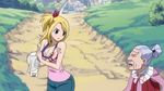  blonde_hair cap cleavage fairy_tail grass lucy_heartfilia old_woman plue tears tongue 