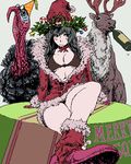  alcohol arm_support black_hair blush bra breasts center_opening christmas cleavage hat large_breasts lowres original reindeer santa_costume santa_hat solo underwear ymr 
