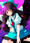  absurdres black_hair blush bow hair_bow heart highres long_hair open_mouth orange_eyes red_eyes reiuji_utsuho seiza sitting solo sw third_eye touhou very_long_hair wavy_mouth wings 