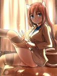  animal_ears blue_eyes brown_hair curtains dressing leg_lift long_hair no_pants orange_eyes outstretched_leg patricia_schade sitting smile solo striped striped_legwear tail thighhighs thighhighs_pull tsuchii_(ramakifrau) world_witches_series 