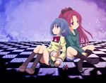  blue_eyes blue_hair blurry checkered checkered_floor heno51 indian_style leaning_forward long_hair mahou_shoujo_madoka_magica miki_sayaka mitakihara_school_uniform multiple_girls ponytail red_eyes red_hair sakura_kyouko school_uniform short_hair sitting soul_gem 