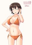  ^_^ bikini blush breasts brown_hair closed_eyes k-on! large_breasts manabe_nodoka miyai_sen navel no_eyewear o-ring o-ring_top shiny shiny_skin short_hair side-tie_bikini sideboob smile solo strap_gap striped striped_bikini swimsuit underboob 