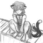  animal_ears barefoot chen claws earrings feet greyscale hat highres jewelry kuro_suto_sukii monochrome multiple_tails paw_pose short_hair sketch solo tail toenails touhou 