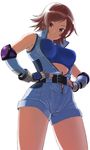  belt breasts brown_eyes brown_hair center_opening elbow_gloves elbow_pads from_below gloves hands_on_hips hensou highres kazama_asuka large_breasts open_clothes short_hair simple_background smile solo sports_bra tekken tekken_6 thighs unzipped zipper 