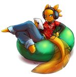  amphibian apple apple_inc. axolotl bean_bag blue_eyes blush clothed clothing dagger_leonelli female fruit headphones ipad jeans looking_at_viewer naomi solo thewhitedemon unknown_species yellow_body 