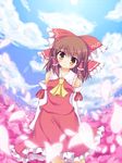  ascot bad_id bad_pixiv_id blush bow brown_eyes brown_hair cherry_blossoms cloud day detached_sleeves dress fujisaki_kaon hair_bow hair_tubes hakurei_reimu highres long_hair petals red_dress ribbon short_hair sky smile solo standing sun touhou yellow_eyes 