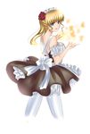  beatrice blonde_hair blue_eyes breasts bug butterfly flower hair_flower hair_ornament insect long_hair maid pantyhose red_flower red_rose ribbon rose small_breasts solo umineko_no_naku_koro_ni werq1996 white_legwear 