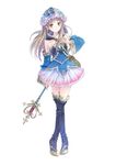  atelier_(series) atelier_meruru atelier_totori blue_footwear blue_legwear blue_sleeves blush boots brown_eyes brown_hair crossed_legs hat kishida_mel long_hair official_art skirt staff standing thigh_boots thighhighs totooria_helmold zettai_ryouiki 