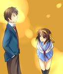  1girl bad_id bad_pixiv_id bent_over brown_eyes brown_hair hair_ribbon kita_high_school_uniform kyon nouzu ribbon school_uniform serafuku short_hair suzumiya_haruhi suzumiya_haruhi_no_yuuutsu 