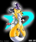  0r0ch1 2001 back_to_back black_hair blue_eyes bokko breasts canine chest_tuft couple digimon female fingerless_gloves fox grey hair looking_at_viewer markings renamon short_black_hair short_hair standing stretching tail yellow 