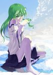  bare_shoulders barefoot benitama blush detached_sleeves frog green_eyes green_hair hair_ornament highres kochiya_sanae long_hair reflection smoke solo touhou 