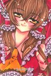  bad_id bad_pixiv_id brown_hair close-up face hair_ornament hair_tubes hakurei_reimu lilyvanilla long_hair looking_at_viewer marker_(medium) millipen_(medium) sample smile solo touhou traditional_media yellow_eyes 