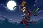  brown_hair dagger female full_moon gloves kunoichi_(sengoku_musou) long_hair midriff moon nature night ochimi outdoors plant ponytail purple_eyes scarf sengoku_musou sengoku_musou_3 shorts sky solo tank_top tanktop thighhighs toeless_socks weapon 