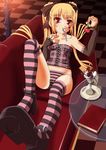  bad_id bad_pixiv_id blonde_hair cherry couch food fruit hair_ribbon highres ice_cream juuya_(kisaragi18) mouth_hold original panties red_eyes ribbon solo spoon striped striped_legwear thighhighs twintails underwear 