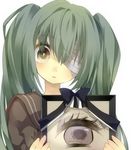  bad_id bad_pixiv_id bandage_over_one_eye bandages green_hair hatsune_miku head_tilt iei long_hair paranato photo_(object) simple_background solo twintails vocaloid 