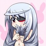  ahoge blush breasts cleavage covering covering_breasts eyepatch hair_grab infinite_stratos laura_bodewig long_hair medium_breasts moja_(gibson) nude red_eyes shy solo 