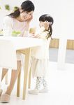  absurdres age_difference asian child eye_contact food footwear glass hair_ribbon highres japanese jewelry looking_at_another milk mother_and_daughter photo ribbon ring salad sitting smile socks table twintails 