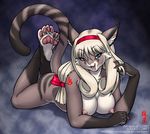  2002 blonde_hair blue_eyes breasts brown cat claws cleavage dr_comet fangs feline female gaping_maw hair hair_bow hairband long_blonde_hair long_hair looking_at_viewer markings nail_polish nipples nude on_front open_mouth pawpads ponytail solo stripes tail tongue white 