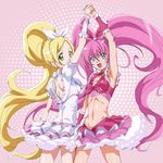  armpits blonde_hair blue_eyes bow choker cure_melody cure_rhythm green_eyes holding_hands houjou_hibiki long_hair looking_back magical_girl makacoon midriff minamino_kanade multiple_girls pink_bow pink_choker pink_hair ponytail precure suite_precure twintails white_choker 