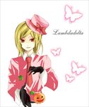  blonde_hair bug butterfly character_name formal genderswap genderswap_(ftm) hat heart insect lambdadelta male_focus necktie non-web_source pink_hat pumpkin red_eyes solo suit top_hat toudou_(dolce) umineko_no_naku_koro_ni upper_body white_background 